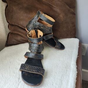 Bed Stu Artemis black and brown distressed sandals, size 9
